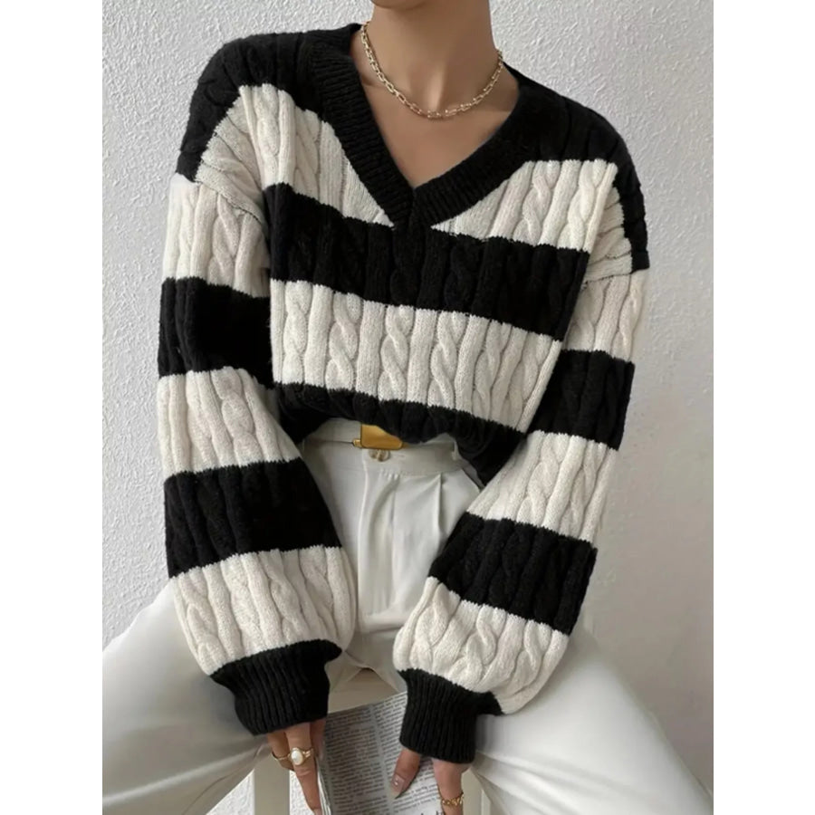 V-Neck Striped Cable Knit Sweater Black / S Apparel and Accessories