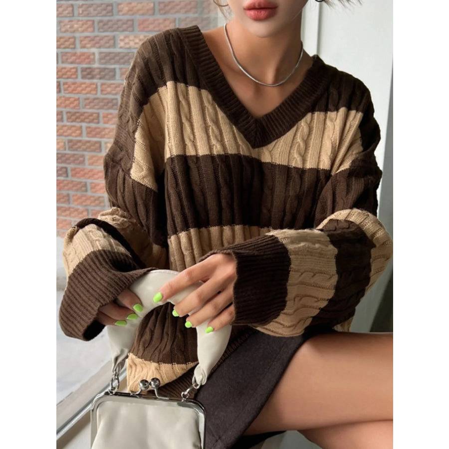 V-Neck Striped Cable Knit Sweater Brown / S Apparel and Accessories