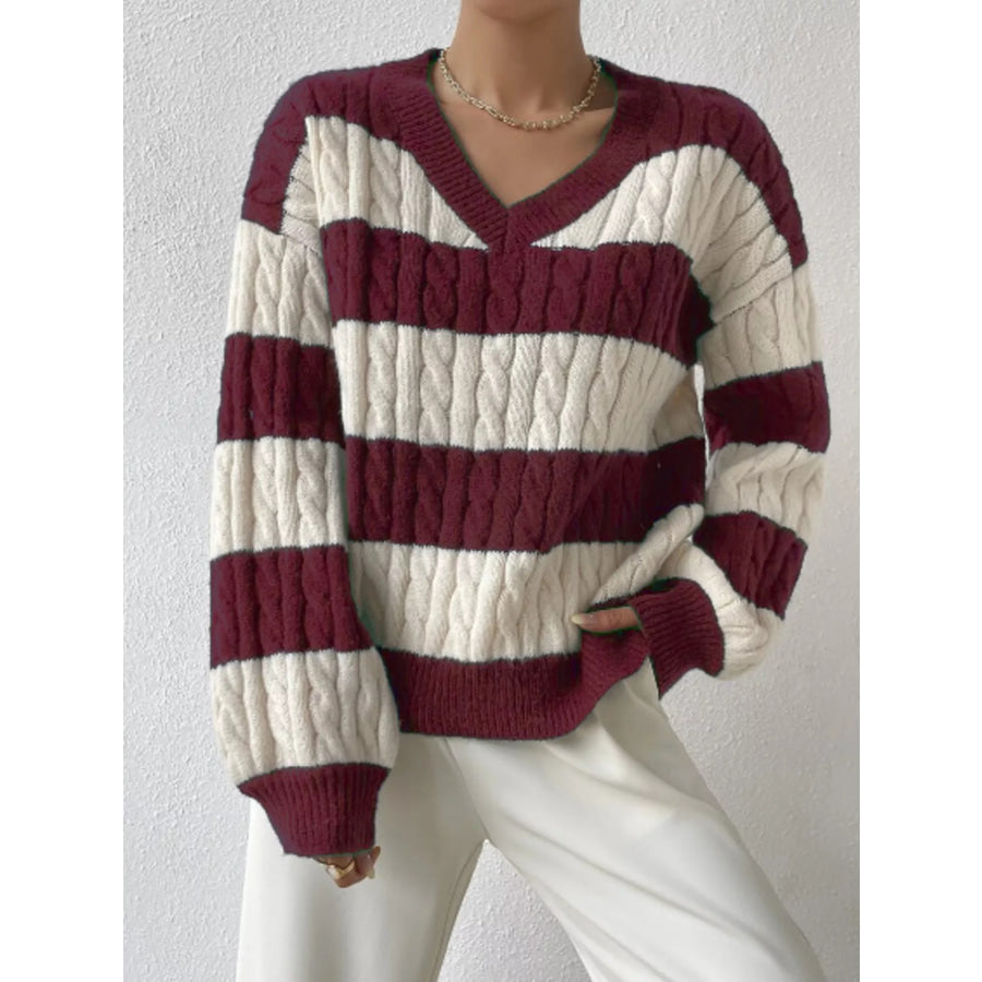 V-Neck Striped Cable Knit Sweater Dark Red / S Apparel and Accessories