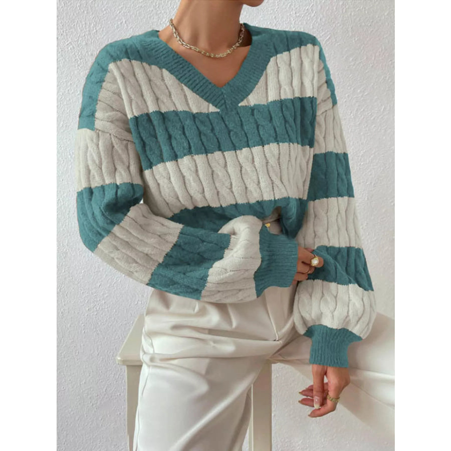V-Neck Striped Cable Knit Sweater Haze Blue / S Apparel and Accessories