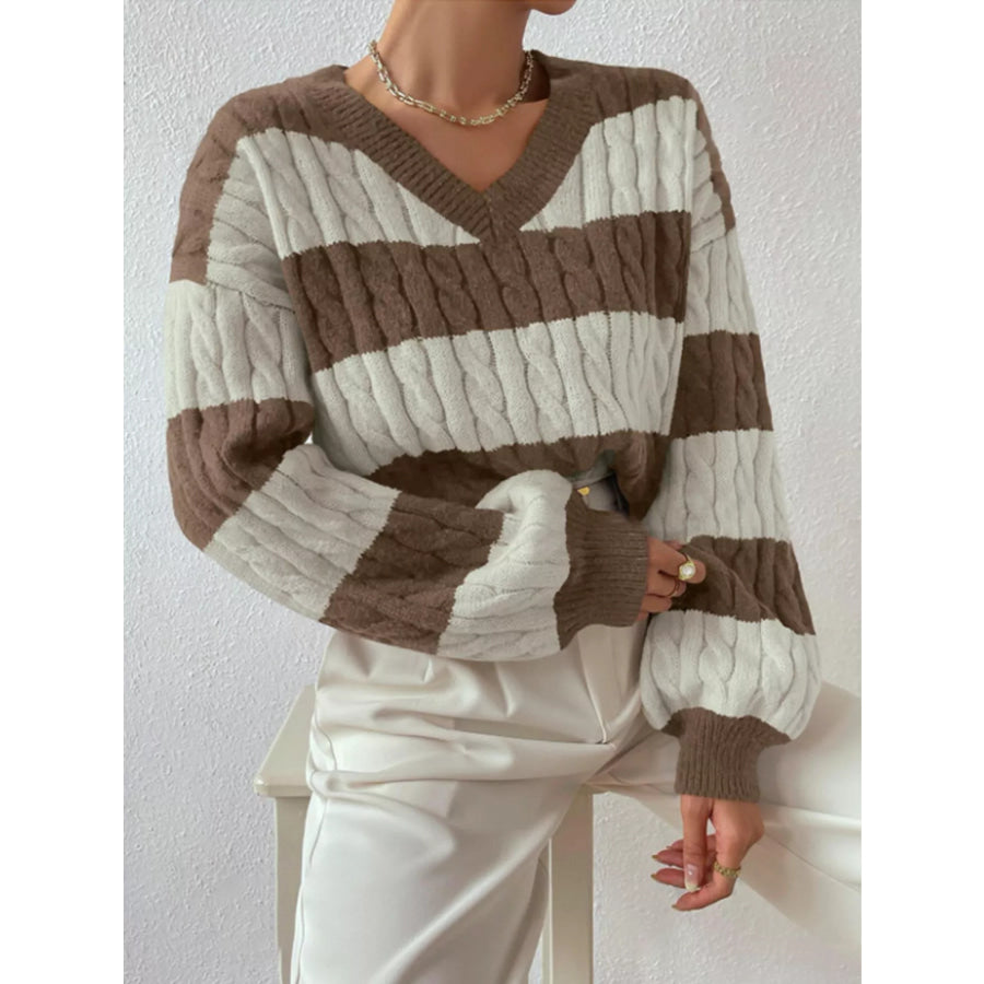 V-Neck Striped Cable Knit Sweater Khaki / S Apparel and Accessories