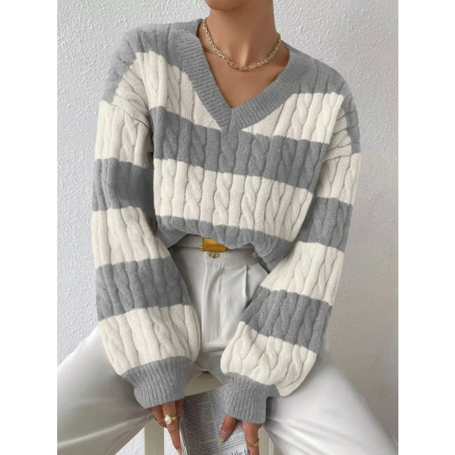V-Neck Striped Cable Knit Sweater Light Gray / S Apparel and Accessories
