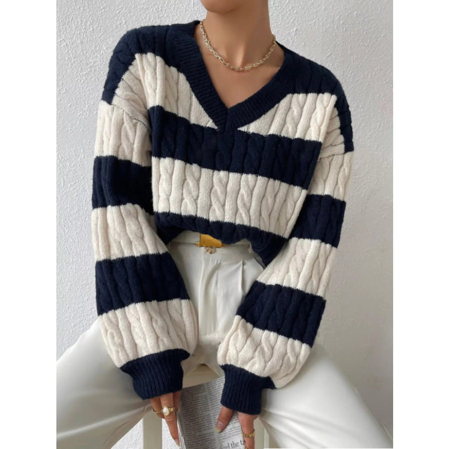 V-Neck Striped Cable Knit Sweater Navy Blue / S Apparel and Accessories