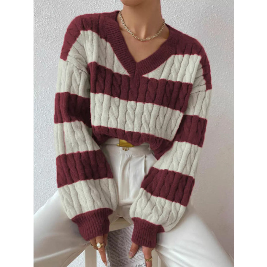 V-Neck Striped Cable Knit Sweater Navy Blue / S Apparel and Accessories