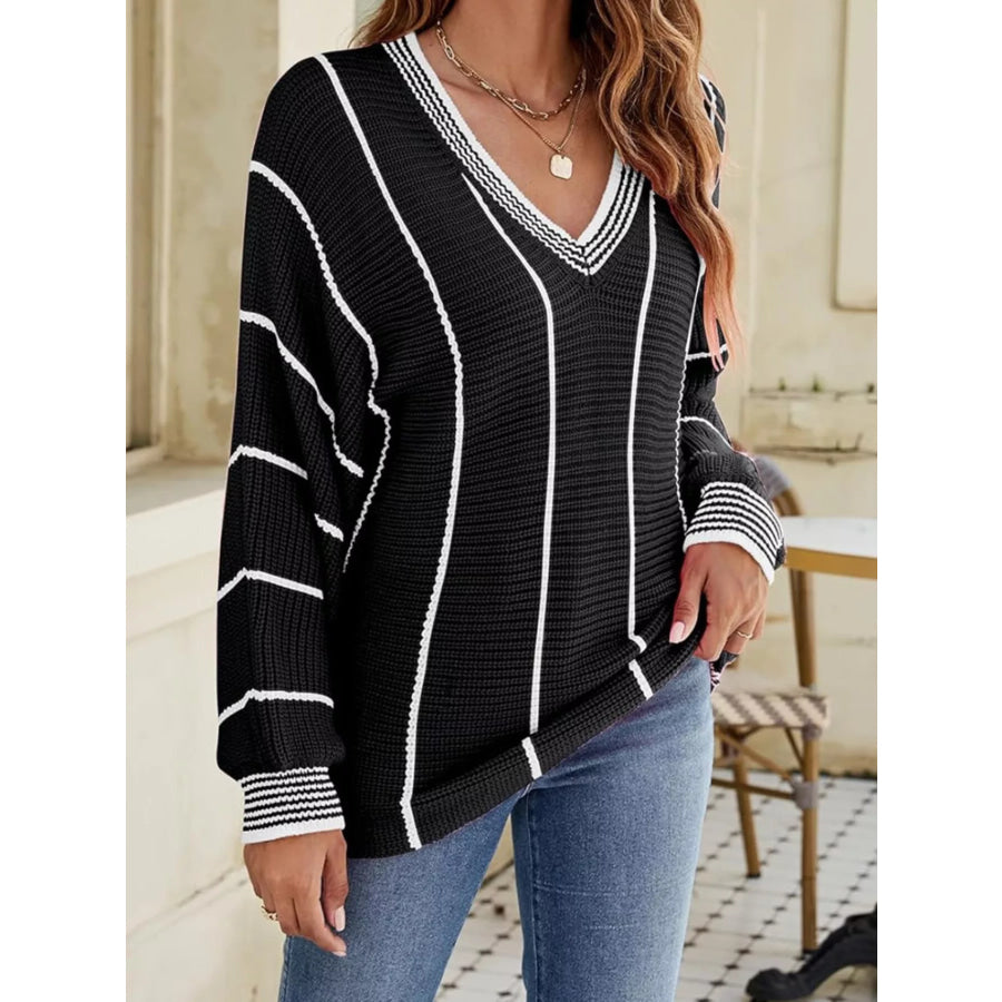 V-Neck Striped Contrast Sweater Apparel and Accessories