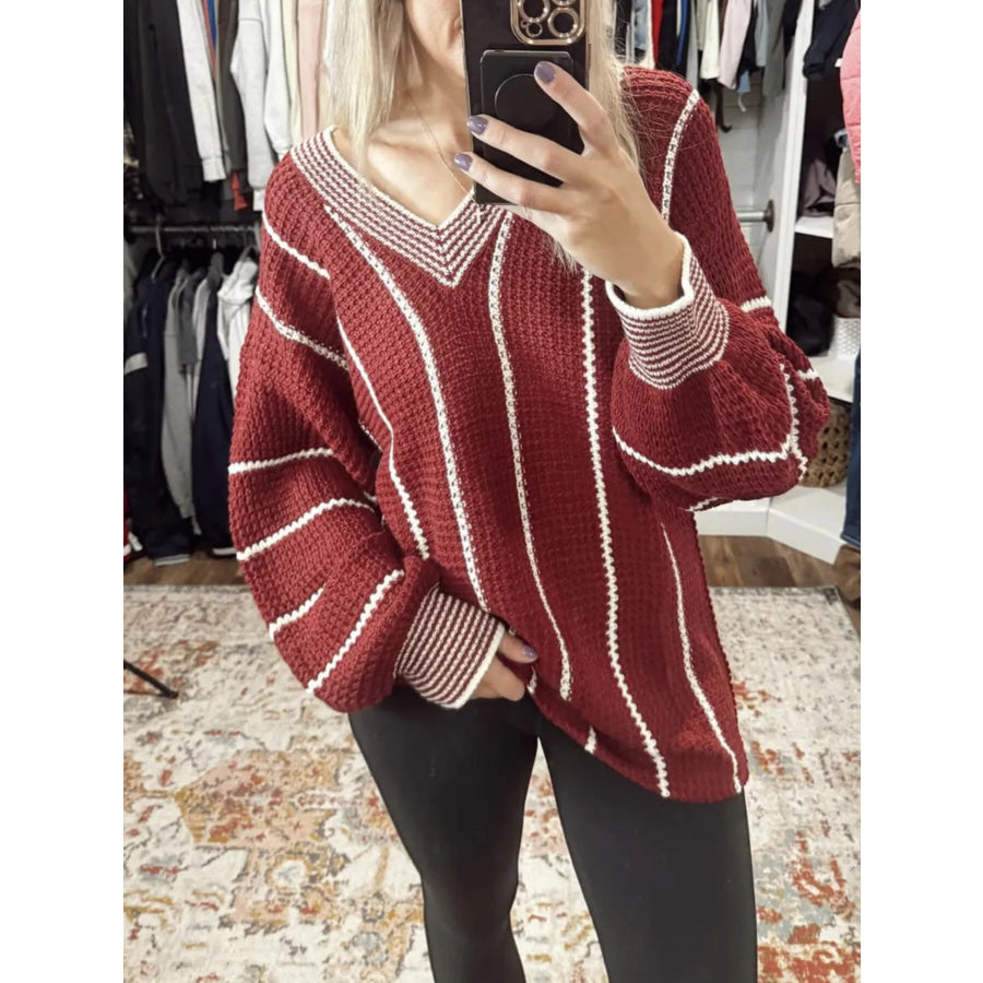 V-Neck Striped Contrast Sweater Wine Red / S Apparel and Accessories