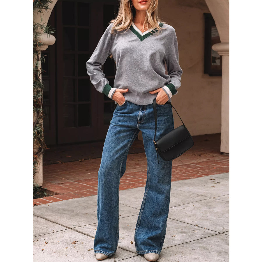 V-Neck Striped Trim Long Sleeve Sweater Apparel and Accessories