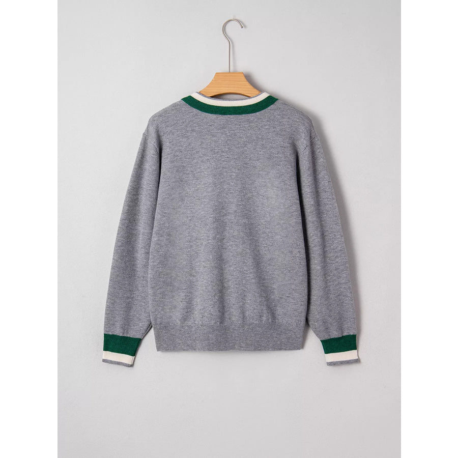 V-Neck Striped Trim Long Sleeve Sweater Apparel and Accessories