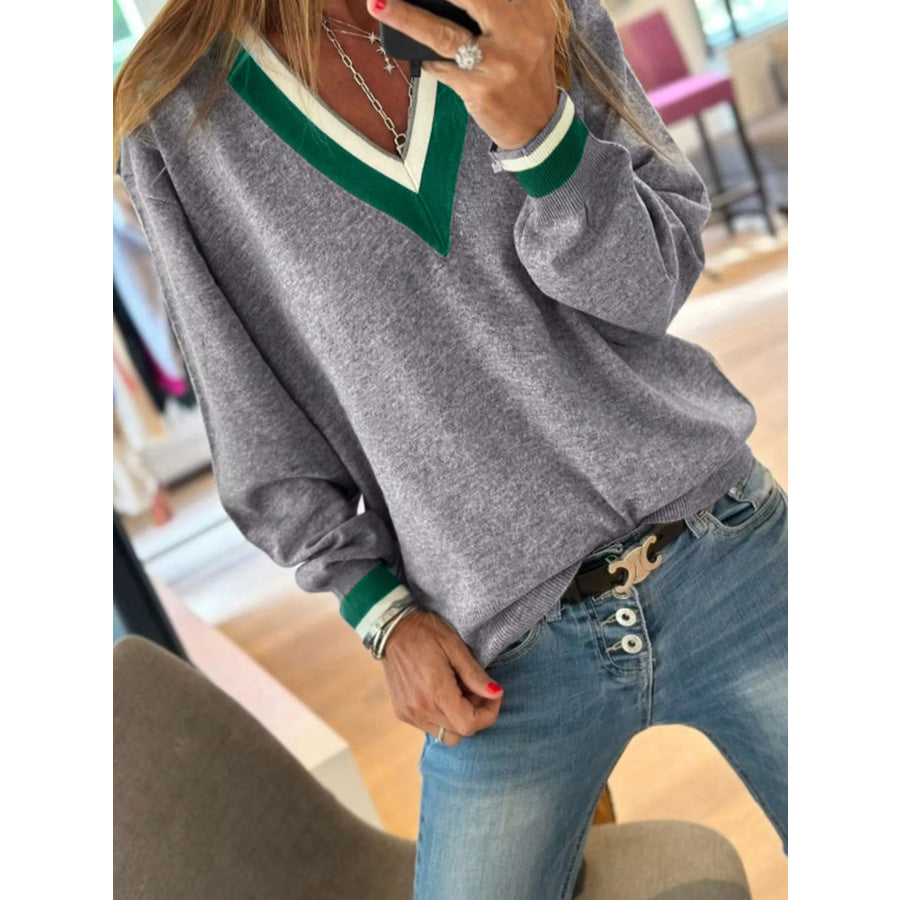 V-Neck Striped Trim Long Sleeve Sweater Apparel and Accessories