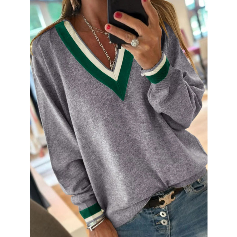 V-Neck Striped Trim Long Sleeve Sweater Apparel and Accessories