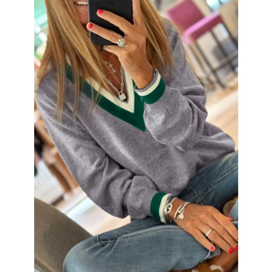V-Neck Striped Trim Long Sleeve Sweater Apparel and Accessories