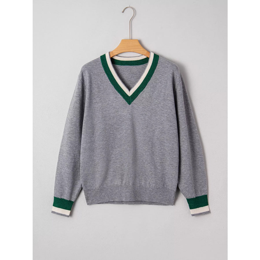 V-Neck Striped Trim Long Sleeve Sweater Apparel and Accessories