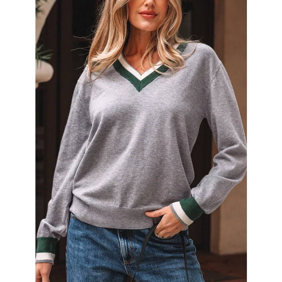 V-Neck Striped Trim Long Sleeve Sweater Gray / S Apparel and Accessories