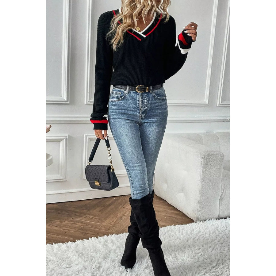 V-Neck Striped Trim Sweater Apparel and Accessories