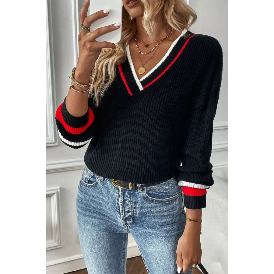 V-Neck Striped Trim Sweater Apparel and Accessories