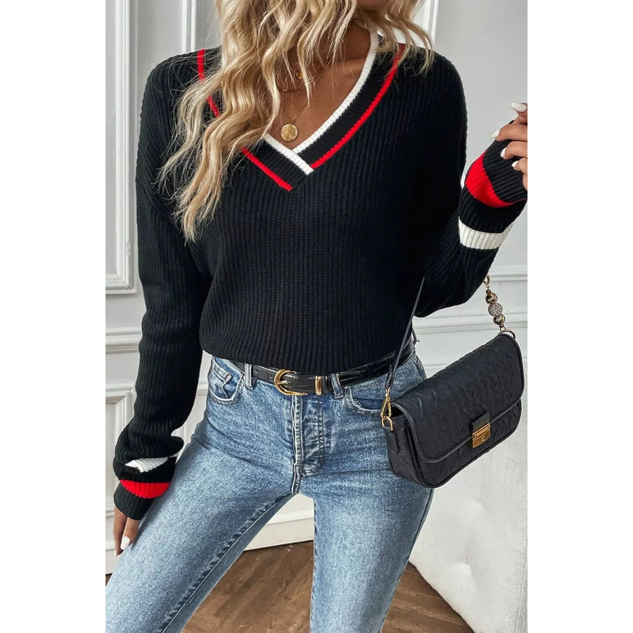 V-Neck Striped Trim Sweater Apparel and Accessories