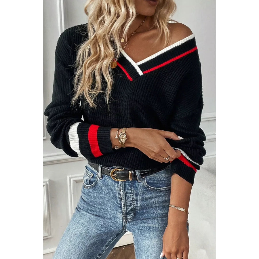 V-Neck Striped Trim Sweater Apparel and Accessories