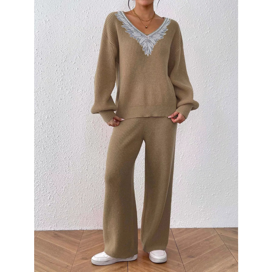 V-Neck Sweater and Pants Set Camel / S Apparel Accessories