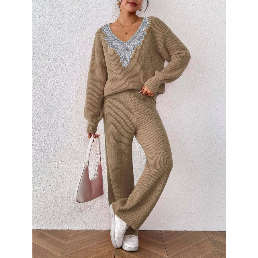 V-Neck Sweater and Pants Set Camel / S Apparel Accessories