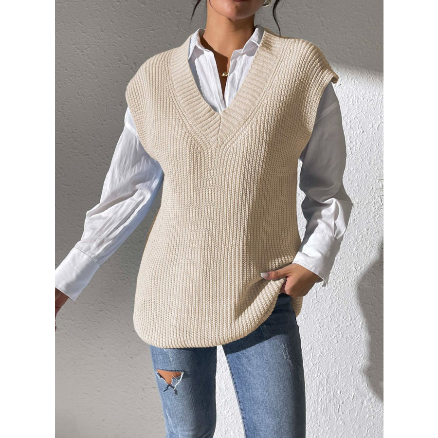 V-Neck Sweater Vest Beige / One Size Apparel and Accessories