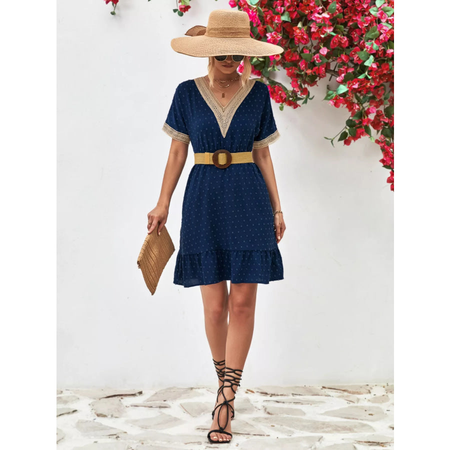 V-Neck Swiss Dot Ruffle Hem Mini Dress Apparel and Accessories