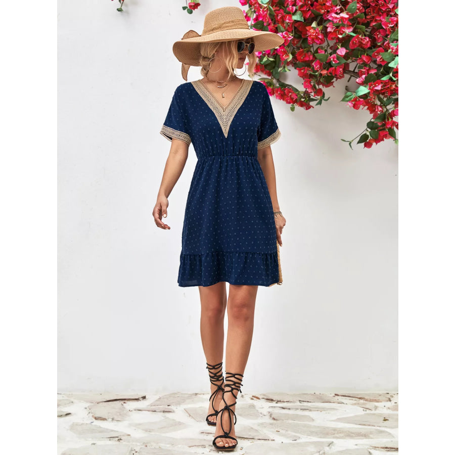 V-Neck Swiss Dot Ruffle Hem Mini Dress Apparel and Accessories