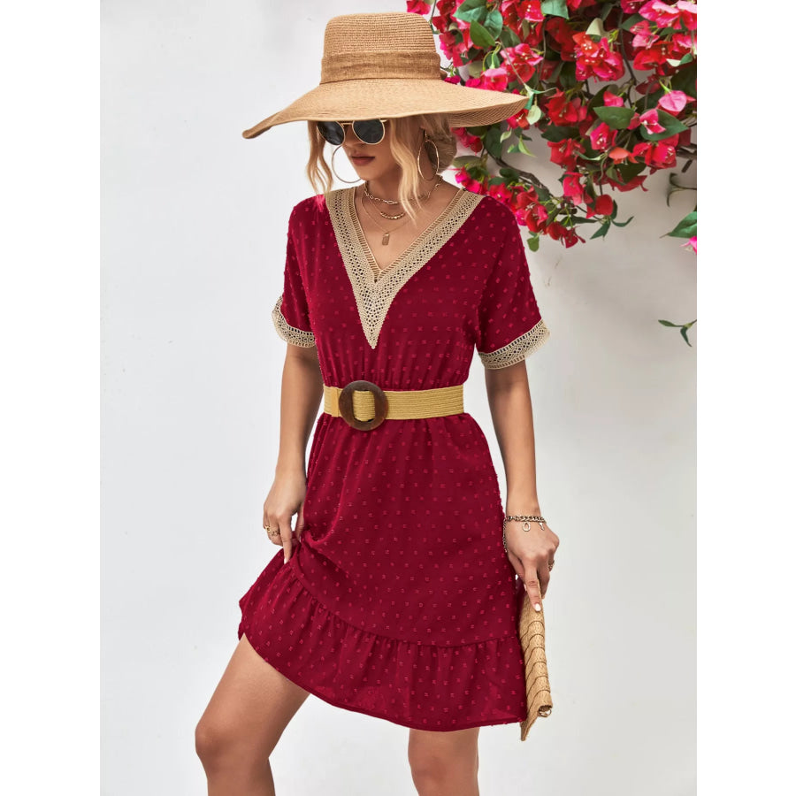 V-Neck Swiss Dot Ruffle Hem Mini Dress Apparel and Accessories
