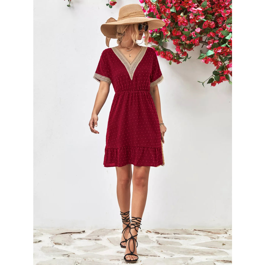 V-Neck Swiss Dot Ruffle Hem Mini Dress Apparel and Accessories