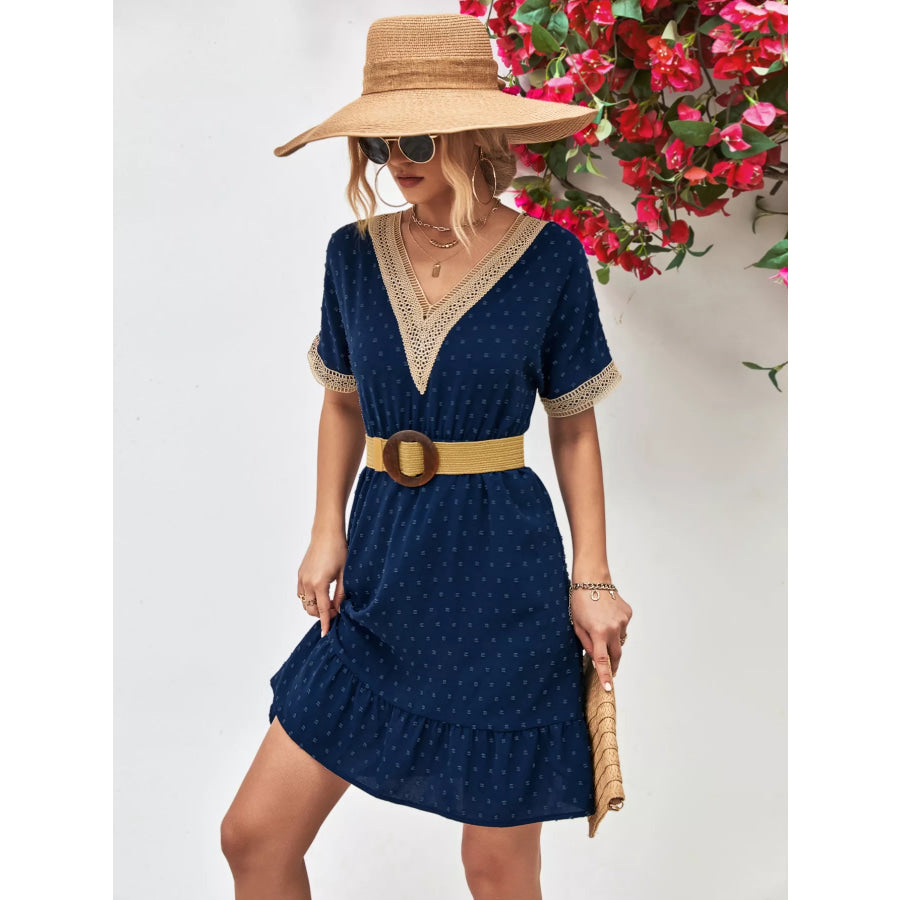 V-Neck Swiss Dot Ruffle Hem Mini Dress Apparel and Accessories