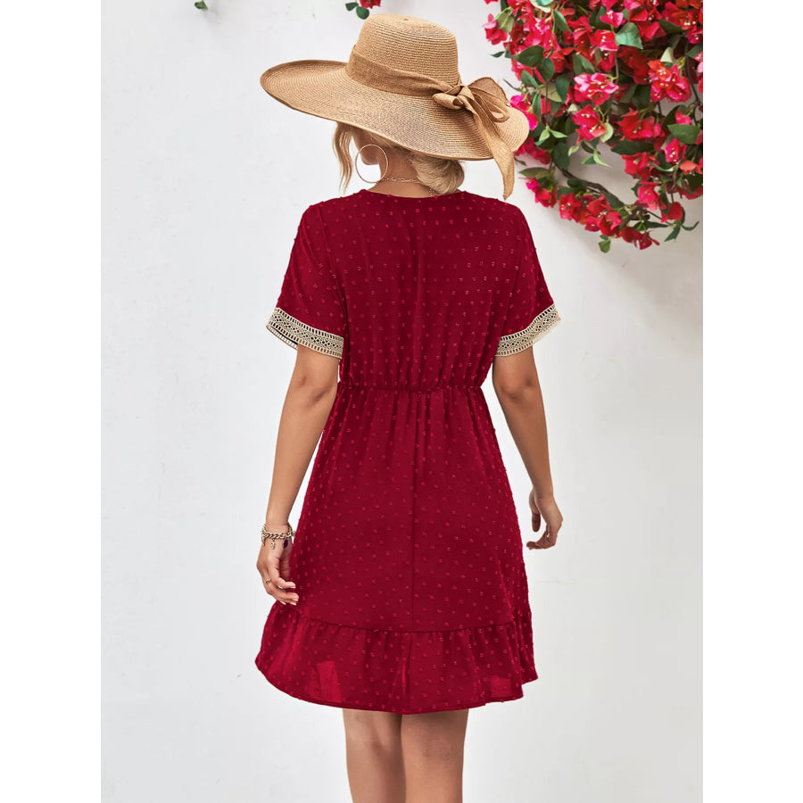 V-Neck Swiss Dot Ruffle Hem Mini Dress Apparel and Accessories