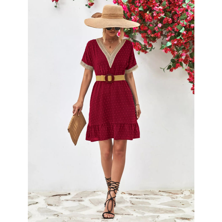V-Neck Swiss Dot Ruffle Hem Mini Dress Apparel and Accessories