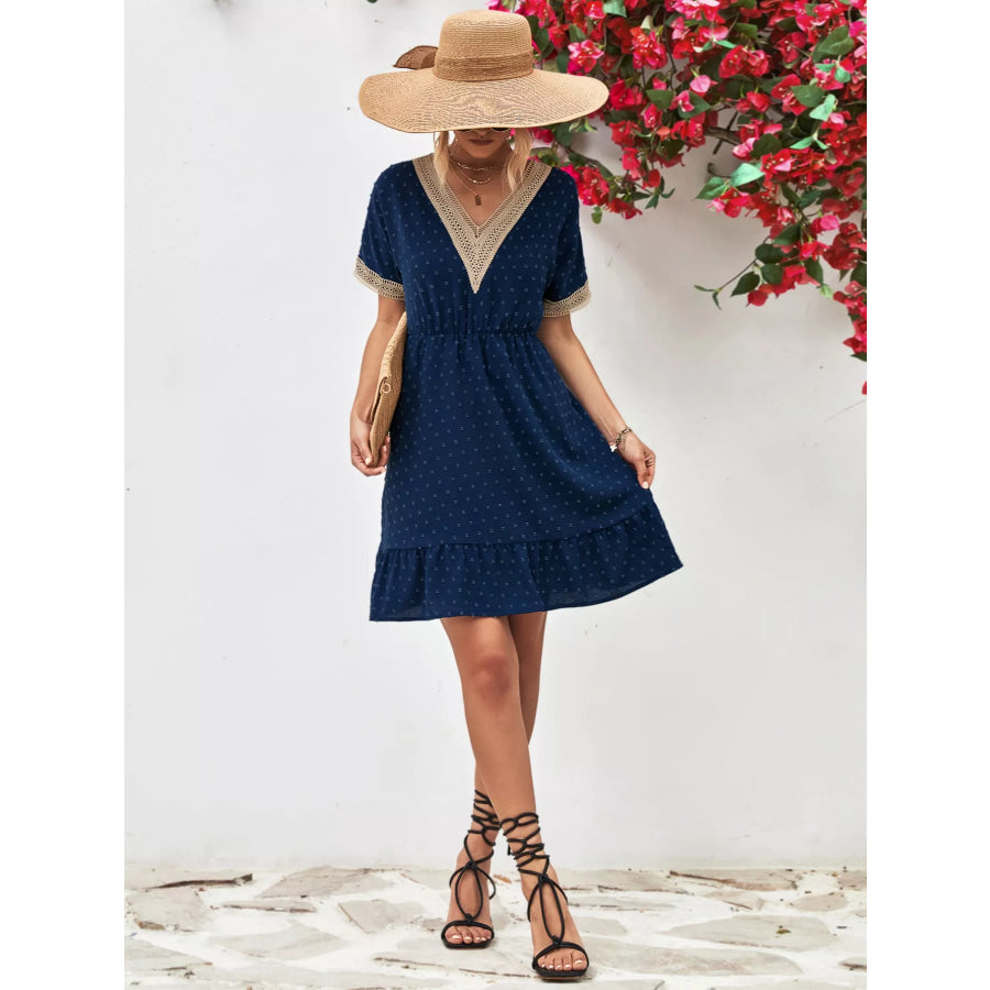V-Neck Swiss Dot Ruffle Hem Mini Dress Apparel and Accessories
