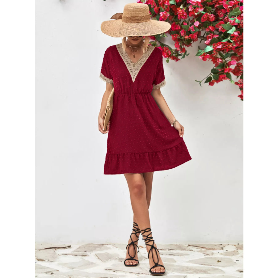 V-Neck Swiss Dot Ruffle Hem Mini Dress Apparel and Accessories