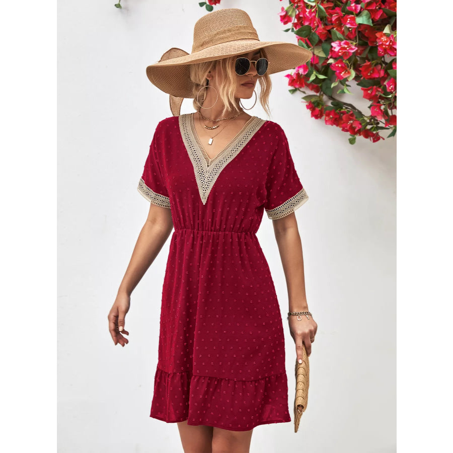 V-Neck Swiss Dot Ruffle Hem Mini Dress Burgundy / S Apparel and Accessories