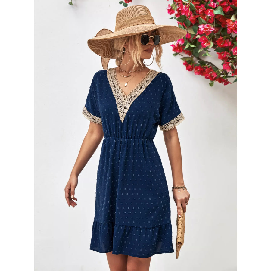 V-Neck Swiss Dot Ruffle Hem Mini Dress Navy / S Apparel and Accessories