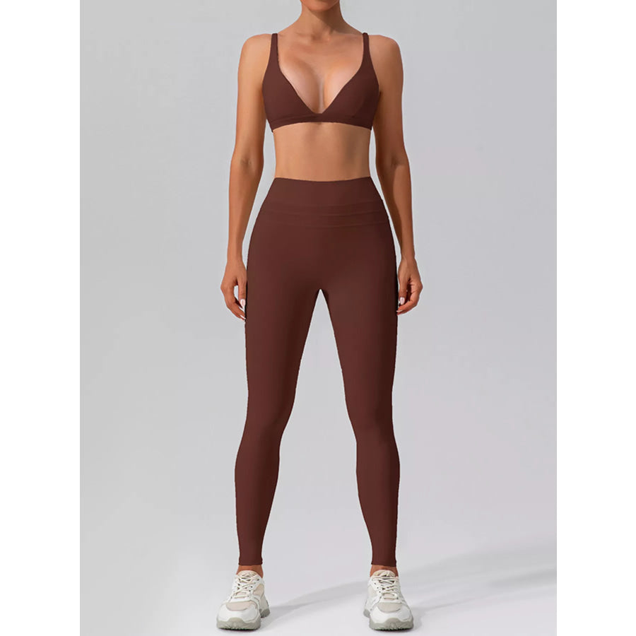 V-Neck Tank and High-Waisted Seamless Pants Active Set D.brown / S/4 Apparel and Accessories