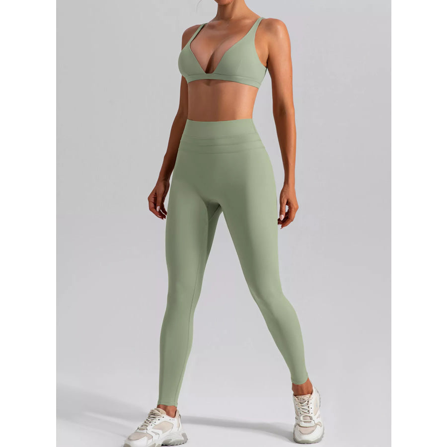 V-Neck Tank and High-Waisted Seamless Pants Active Set Light Green / S/4 Apparel and Accessories