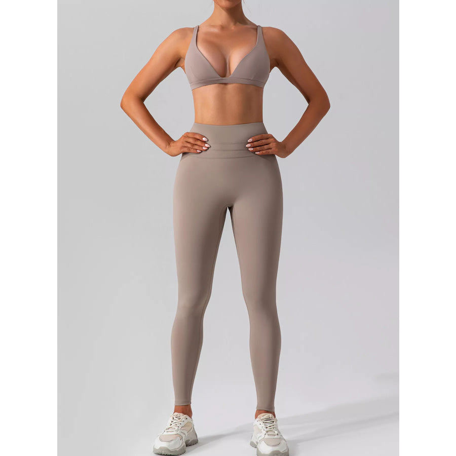V-Neck Tank and High-Waisted Seamless Pants Active Set Mocha / S/4 Apparel and Accessories