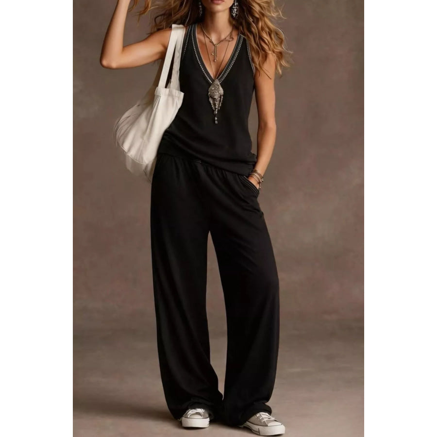 V-Neck Tank and Wide Leg Pants Set Apparel and Accessories