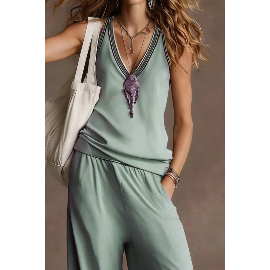 V-Neck Tank and Wide Leg Pants Set Apparel and Accessories