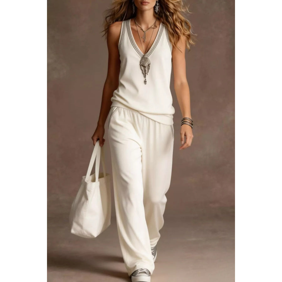 V-Neck Tank and Wide Leg Pants Set Apparel and Accessories