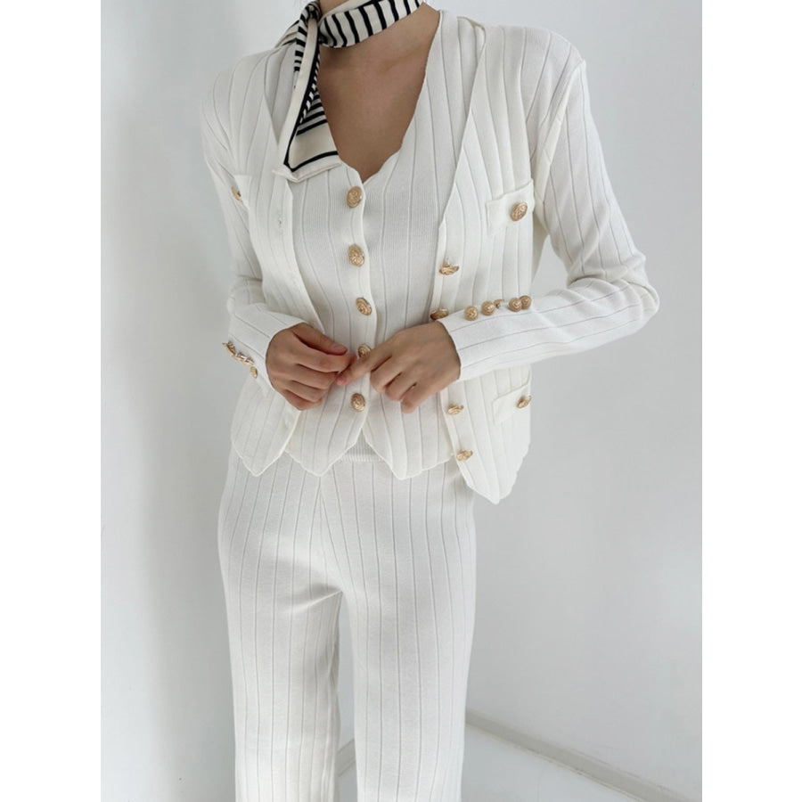 V-Neck Tank Cardigan and Pants Three-Piece Sweater Set White / One Size Apparel and Accessories