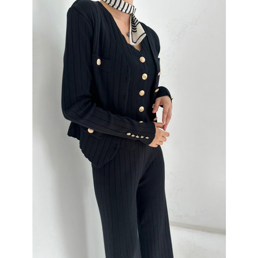 V-Neck Tank Cardigan and Pants Three-Piece Sweater Set Black / One Size Apparel and Accessories