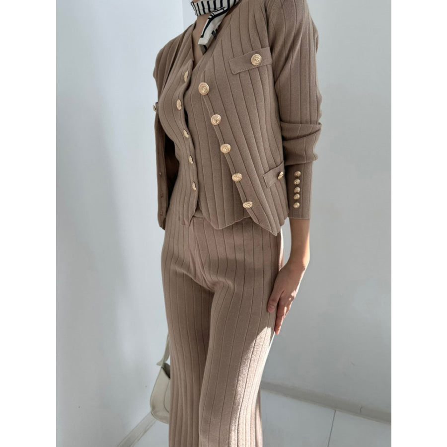 V-Neck Tank Cardigan and Pants Three-Piece Sweater Set Taupe / One Size Apparel and Accessories