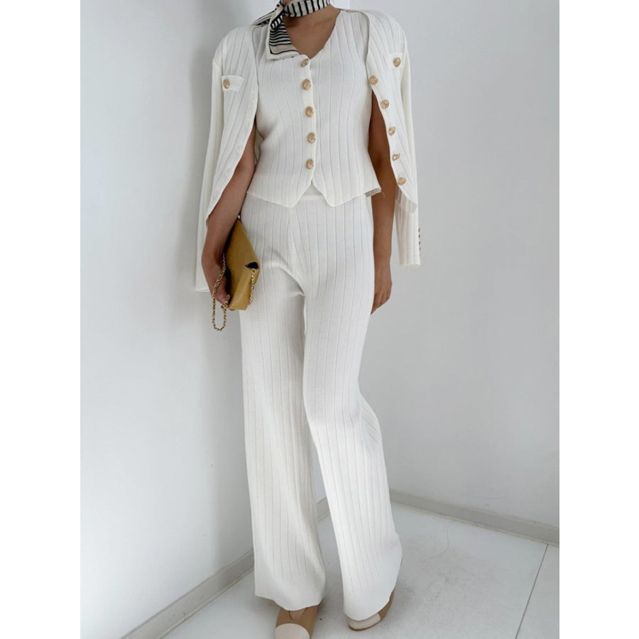 V-Neck Tank Cardigan and Pants Three-Piece Sweater Set White / One Size Apparel and Accessories