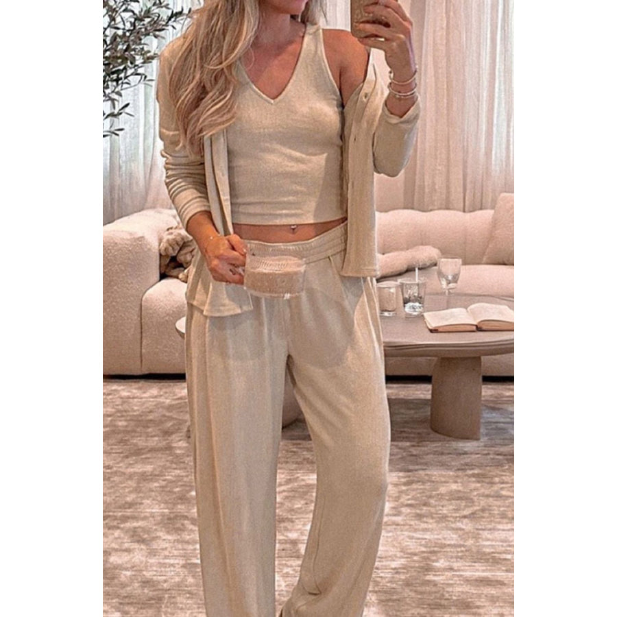 V-Neck Tank Open Front Cardigan and Pants Lounge Set Apparel and Accessories