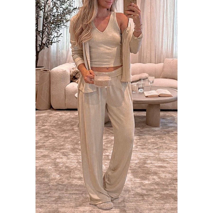 V-Neck Tank Open Front Cardigan and Pants Lounge Set Beige / S Apparel and Accessories