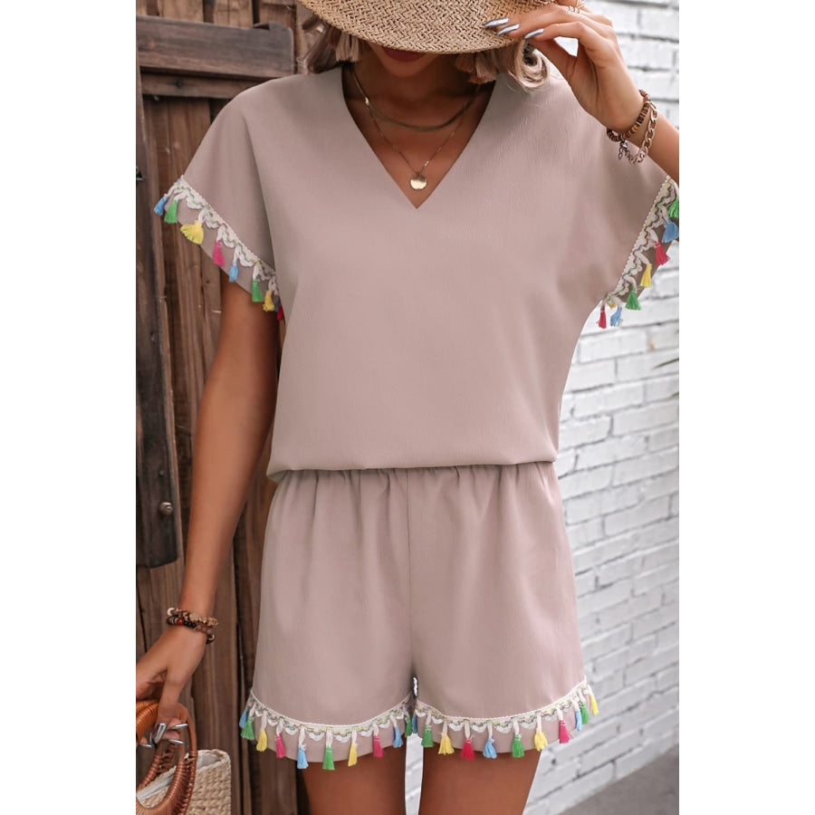 V-Neck Tassel Decor Top and Shorts Set Dusty Pink / S