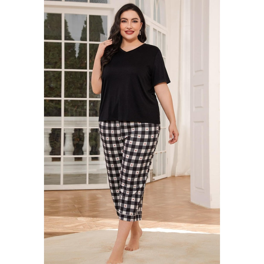 V-Neck Tee and Plaid Cropped Pants Lounge Set Black / 0XL