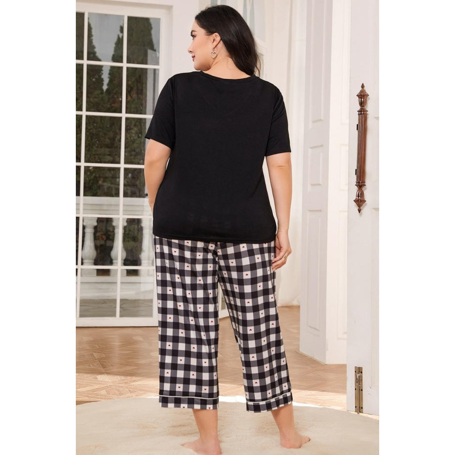 V-Neck Tee and Plaid Cropped Pants Lounge Set Black / 0XL